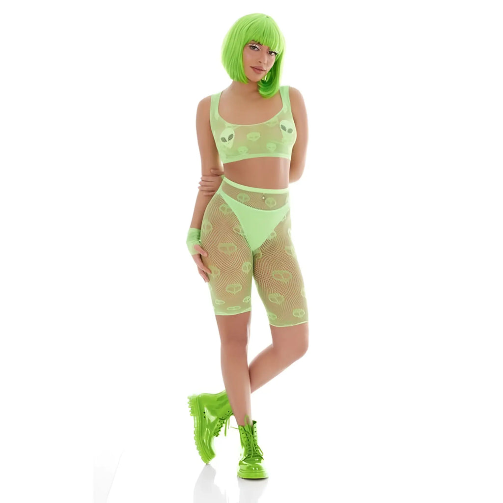 Neon green mesh two-piece set with crop top and high-waisted shorts featuring repeating alien face patterns