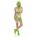 Neon green mesh two-piece set with crop top and high-waisted shorts featuring repeating alien face patterns