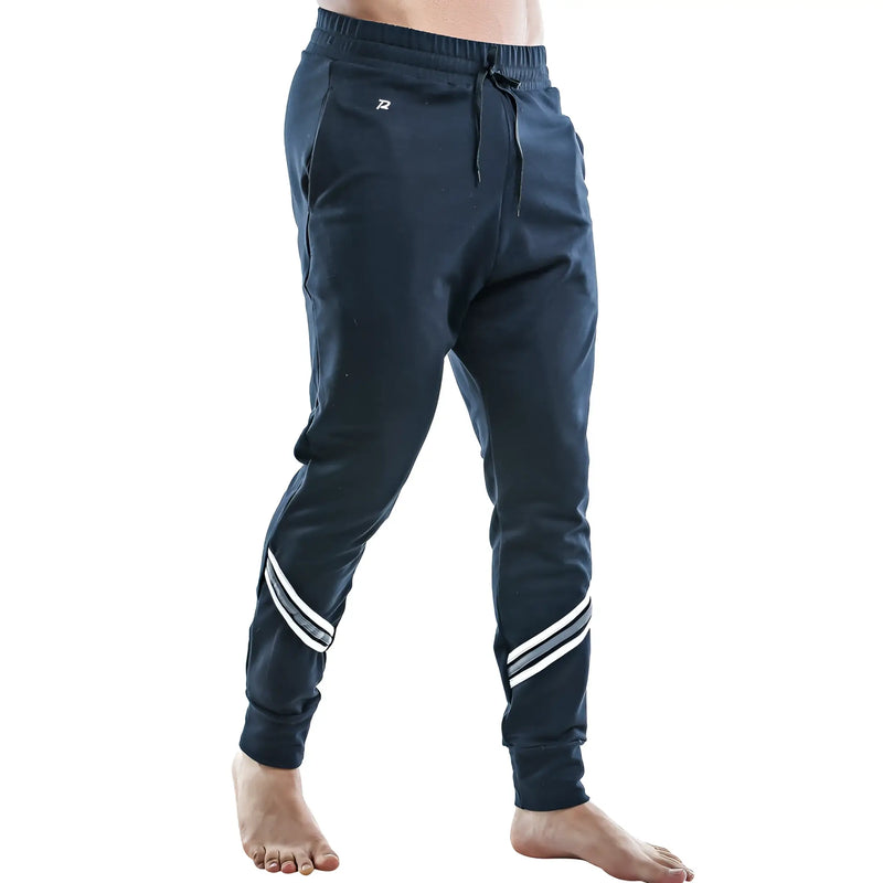 Dark navy pistol pete ppd005 jogger pants with white diagonal stripes and logo on the upper left thigh