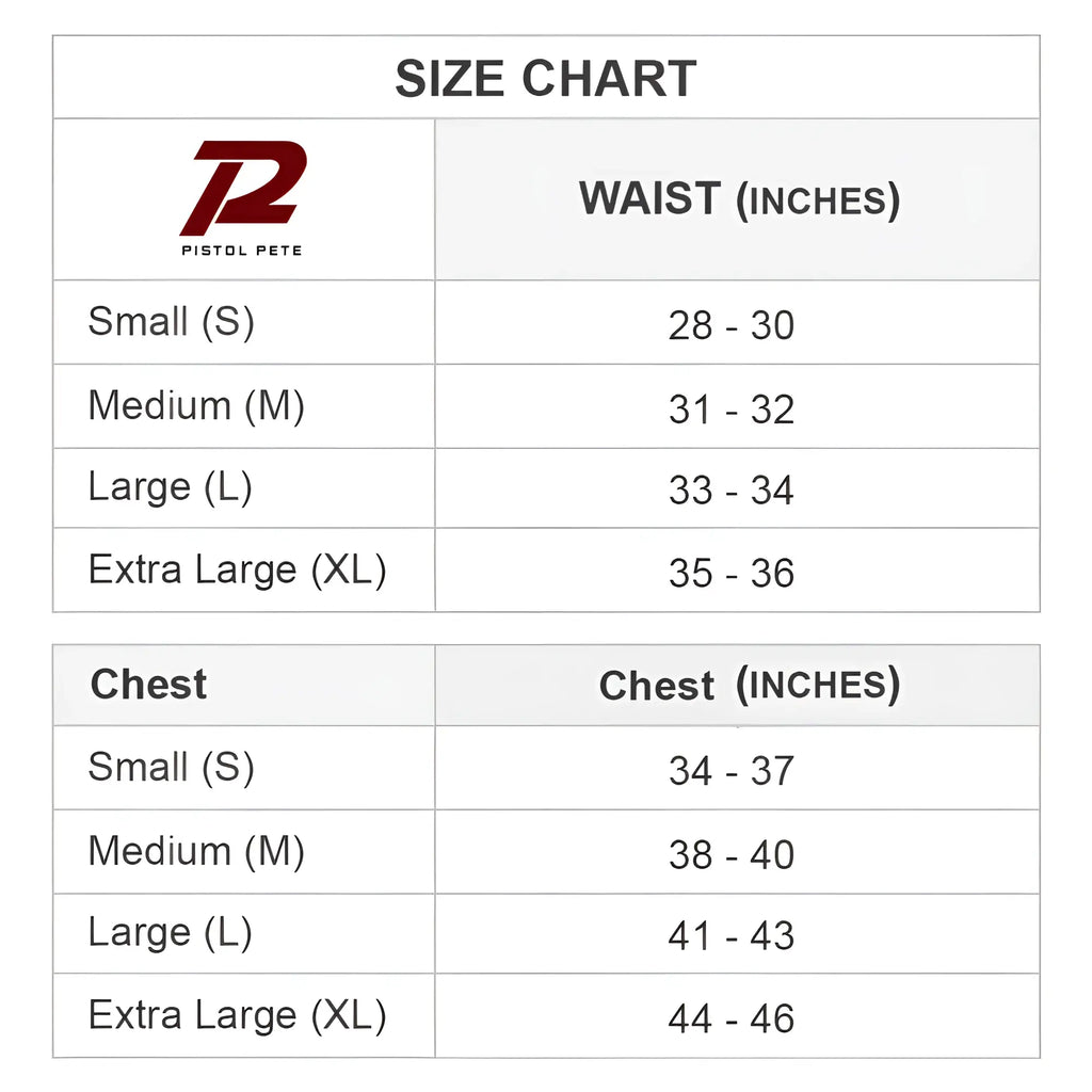 Pistol pete ppe010 jockstrap size chart showing waist and chest measurements for small to extra large sizes