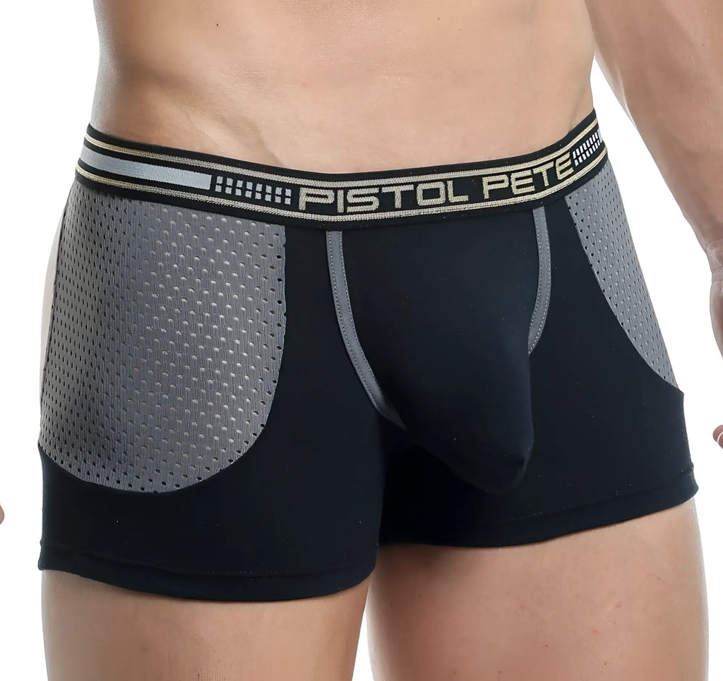 Black and gray mesh-paneled boxer briefs with branded pistol pete waistband showing the back side view
