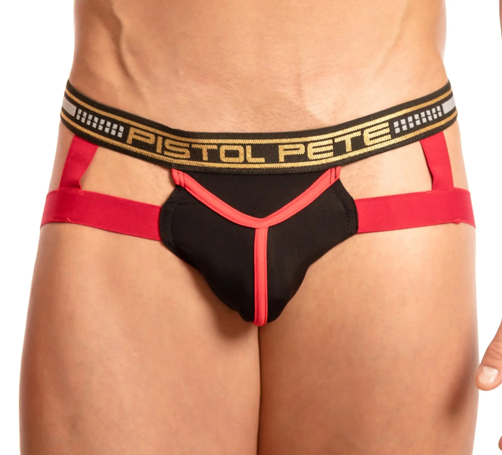 Black and red pistol pete ppe025 alvaro bautista jock briefs with bold contrasting design and branded waistband