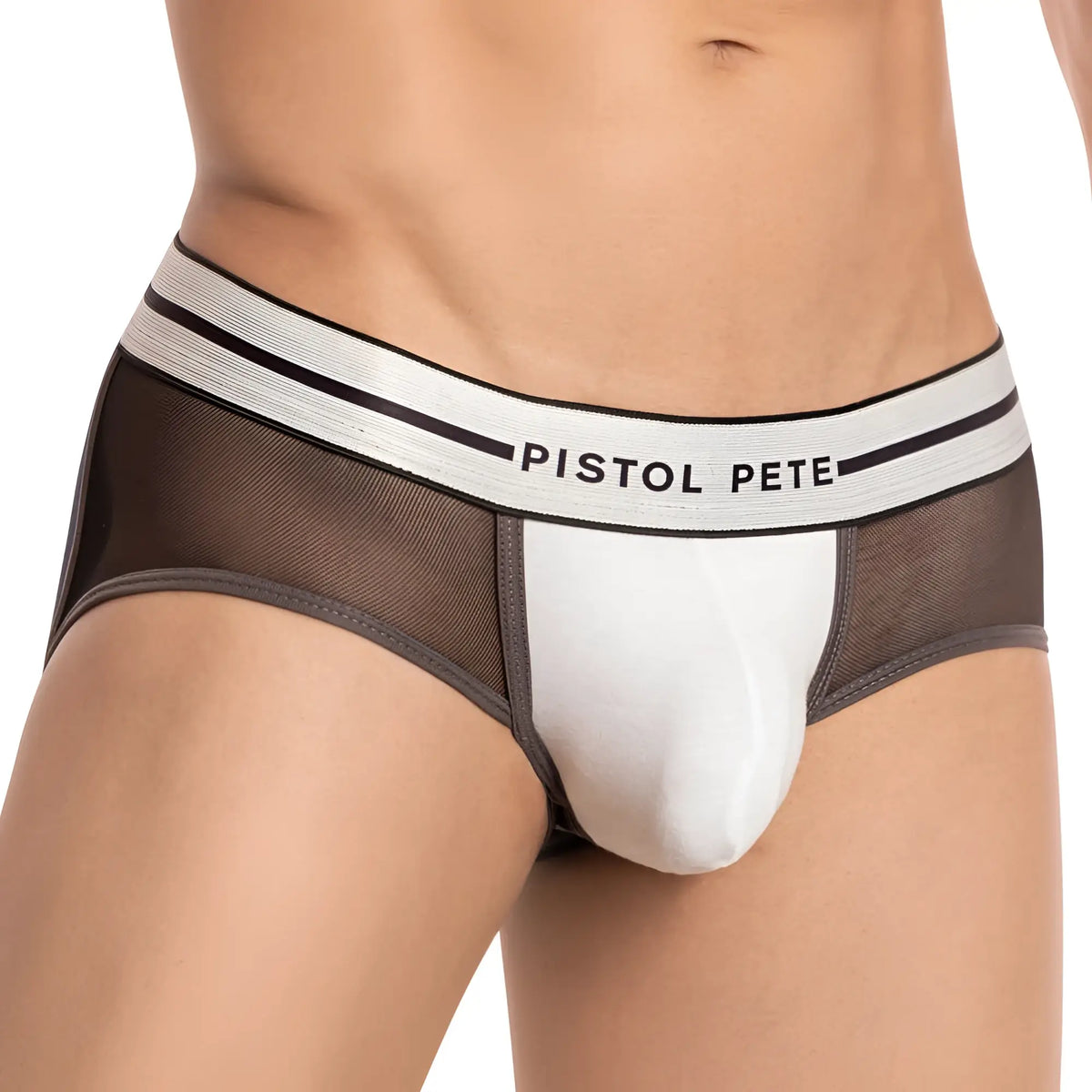 White and brown mesh briefs with black-striped waistband featuring the pistol pete logo ppe031 jockstrap