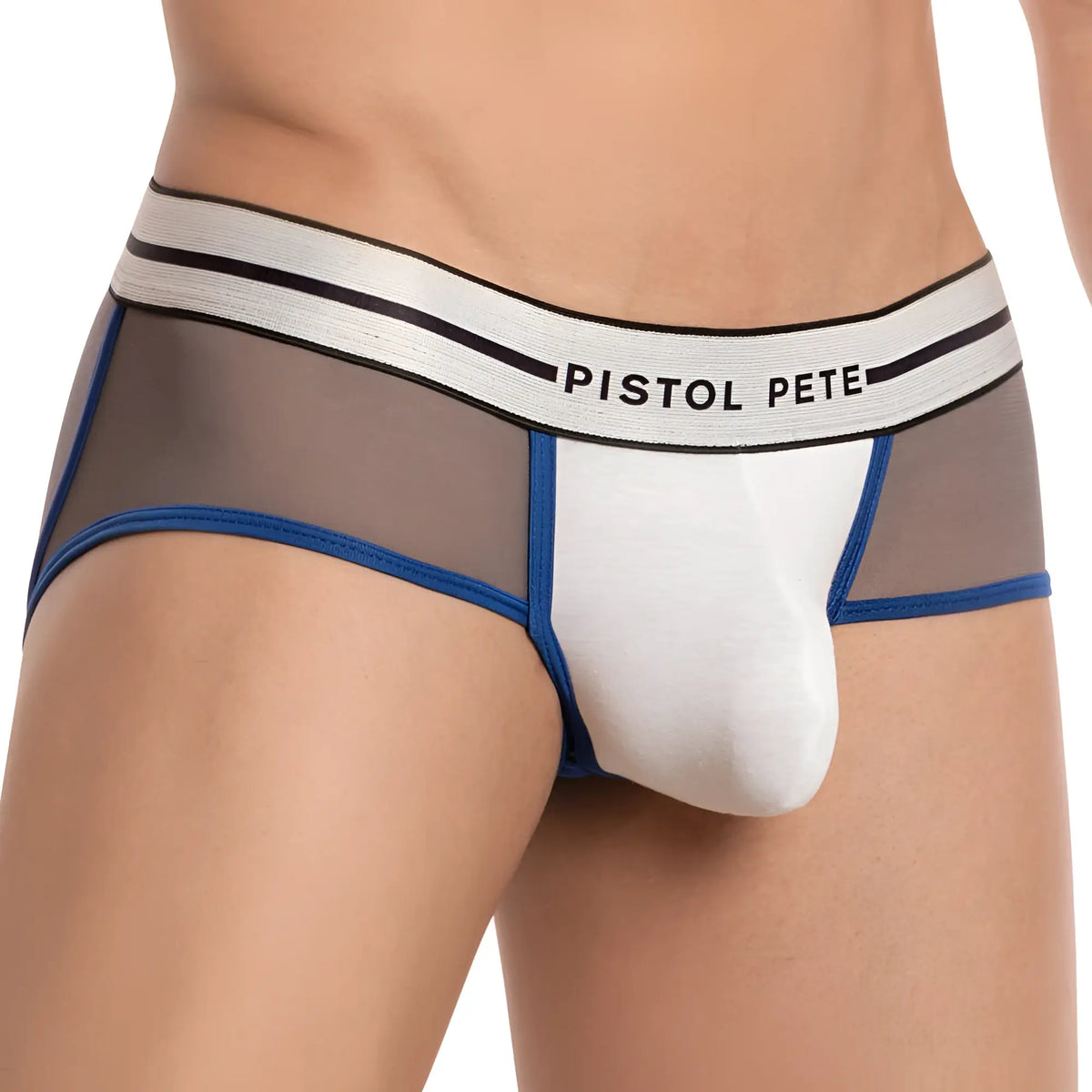 White and gray mesh briefs with blue trim and pistol pete waistband from pistol pete ppe031 jockstrap collection