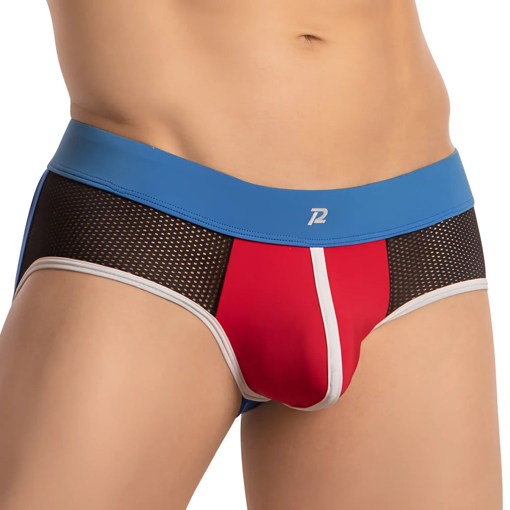 Red and black mesh briefs with blue waistband and p logo from pistol pete ppe034 jockstrap in front view