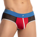 Red and black mesh briefs with blue waistband and p logo from pistol pete ppe034 jockstrap in front view