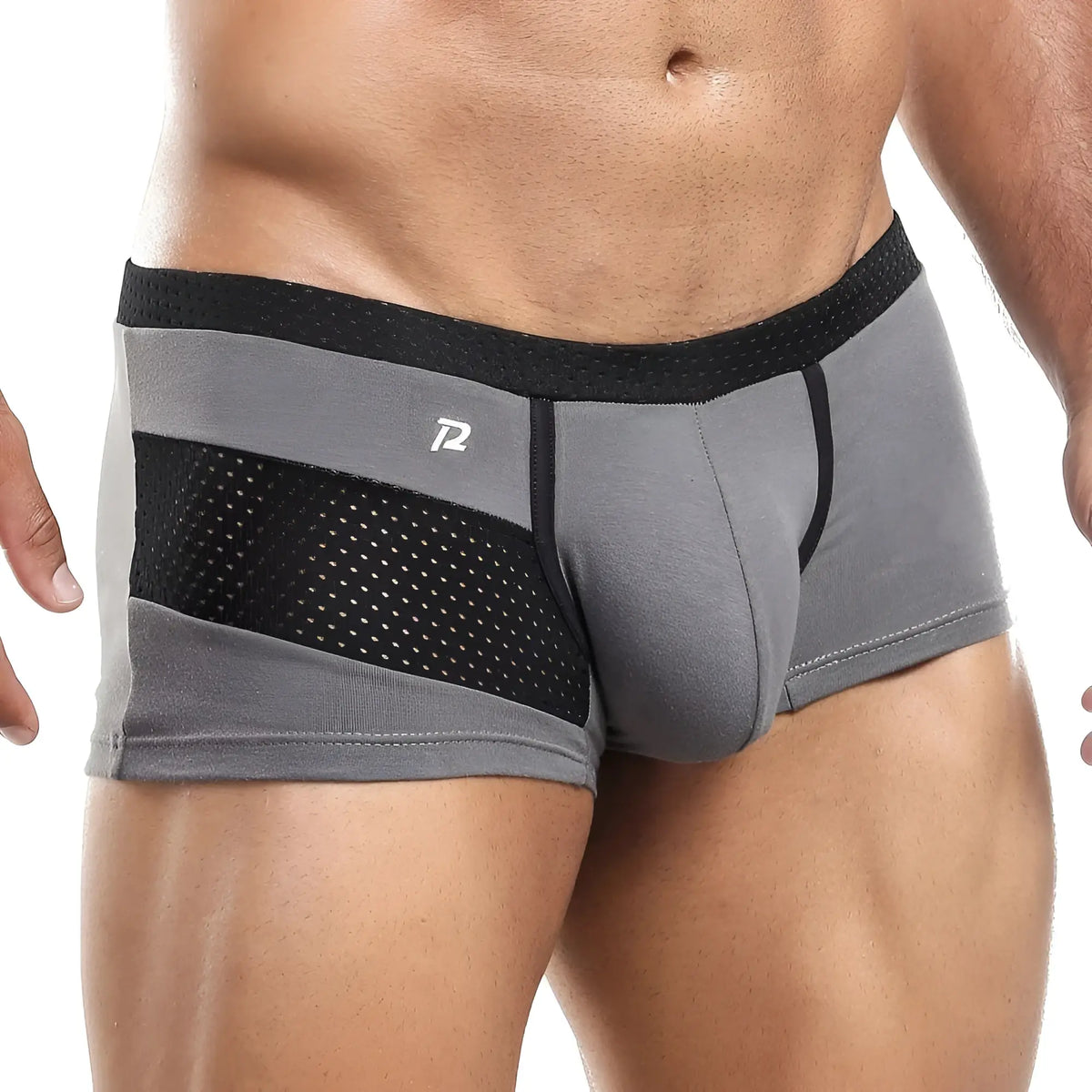 Pistol Pete PPG015 boxer trunk gray and black athletic briefs with side mesh panel and white logo near waistband