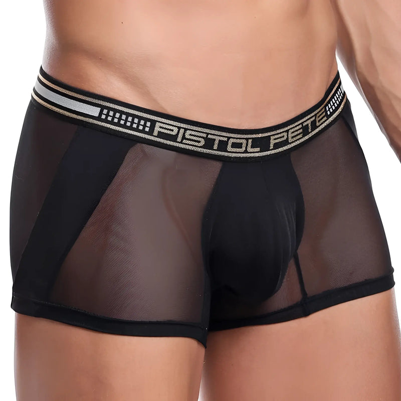 Black mesh pistol pete ppg022 boxer trunk with silver branded waistband for comfortable everyday wear