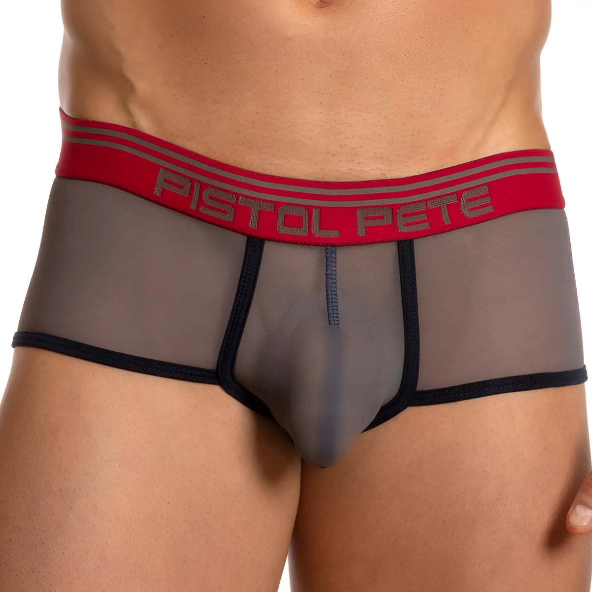 Gray mesh menâ€™s sheer trunk underwear with red waistband pistol pete logo and black trim pistol pete ppg032