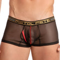 Pistol pete ppg033 boxer trunk black sheer mesh briefs with gold and black waistband red center seam stitching