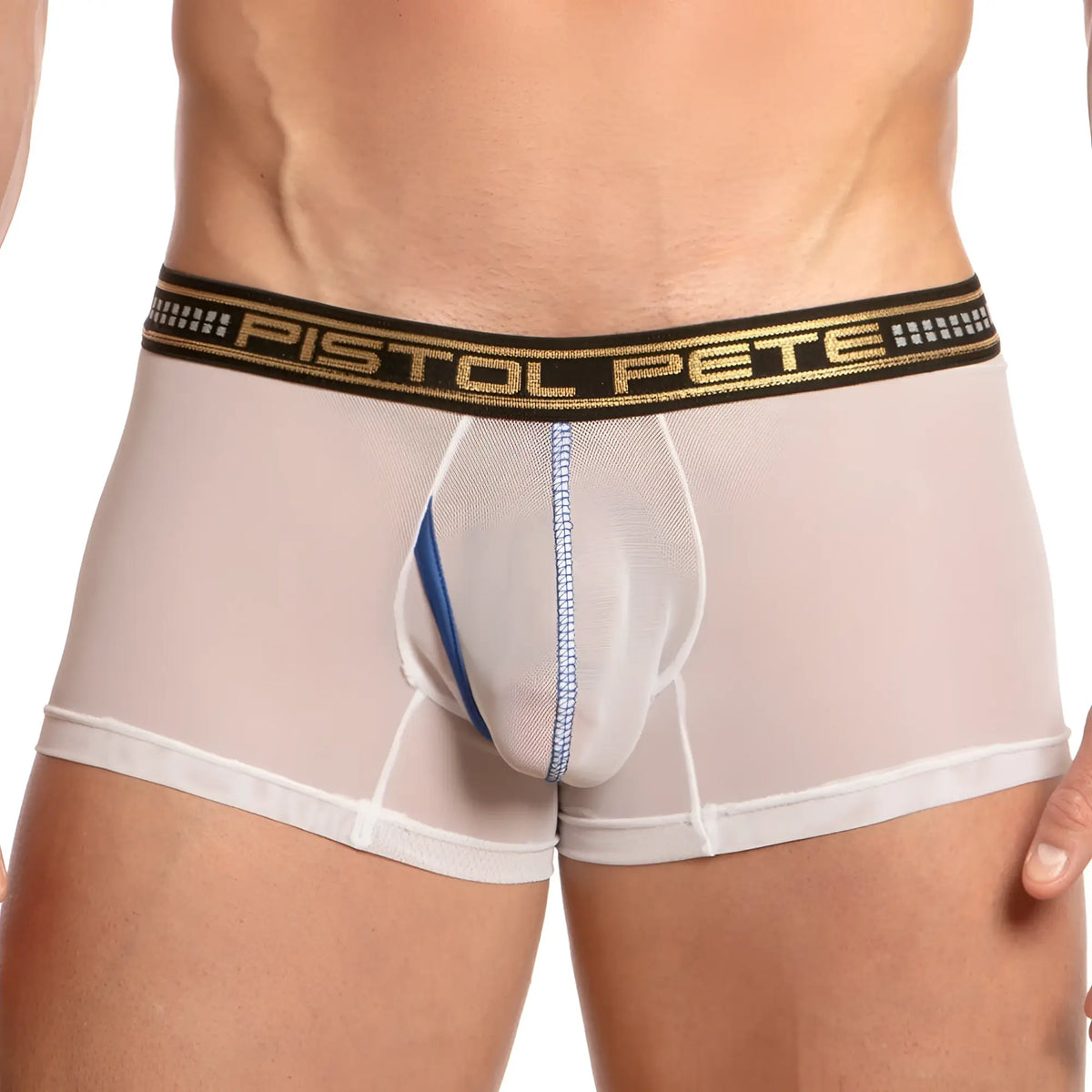 Pistol pete ppg033 boxer trunk menâ€™s transparent mesh briefs with black and gold waistband featuring pistol pete logo