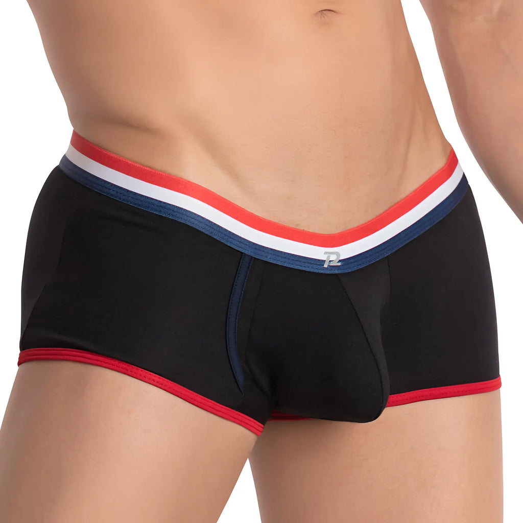 Black menâ€™s pistol pete ppg037 boxer briefs with red white and blue striped waistband and brand logo