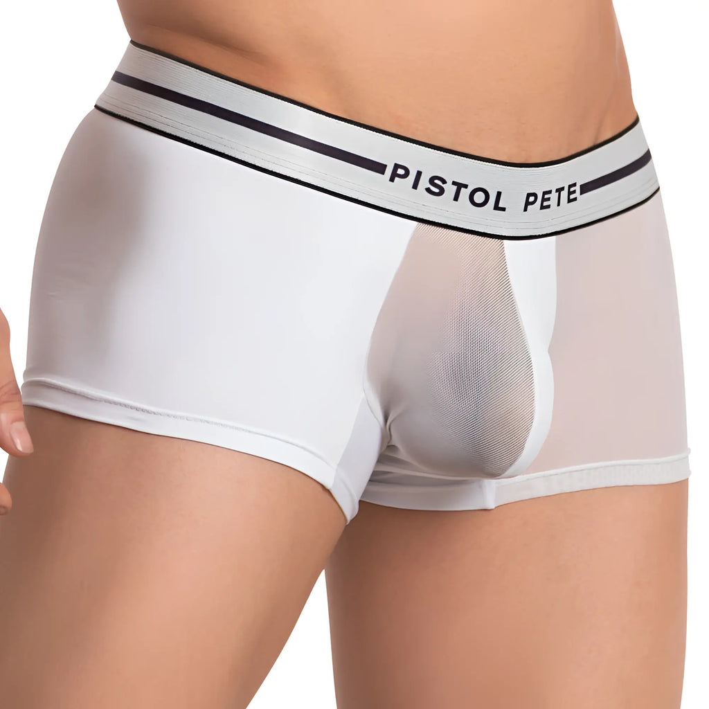 White menâ€™s pistol pete ppg039 boxer briefs with black and white striped waistband and sheer front mesh panel