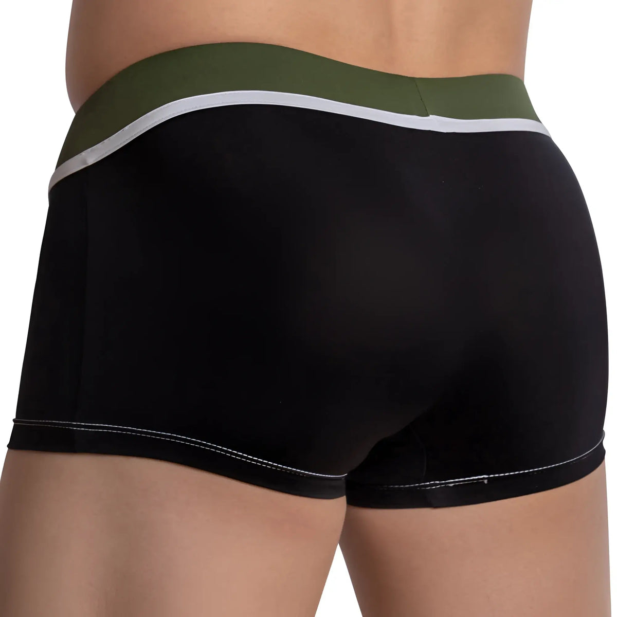Black pistol pete ppg042 boxer briefs with olive green waistband white stripe and matching stitching on leg openings
