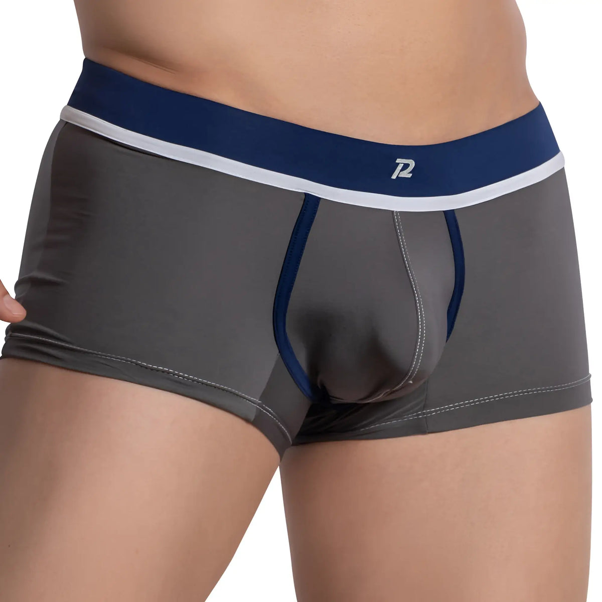 Gray pistol pete ppg042 menâ€™s boxer briefs with navy blue waistband white trim and subtle stitching details