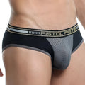 Black and gray pistol pete ppj012 athletic briefs with perforated mesh panel and gold branding on waistband