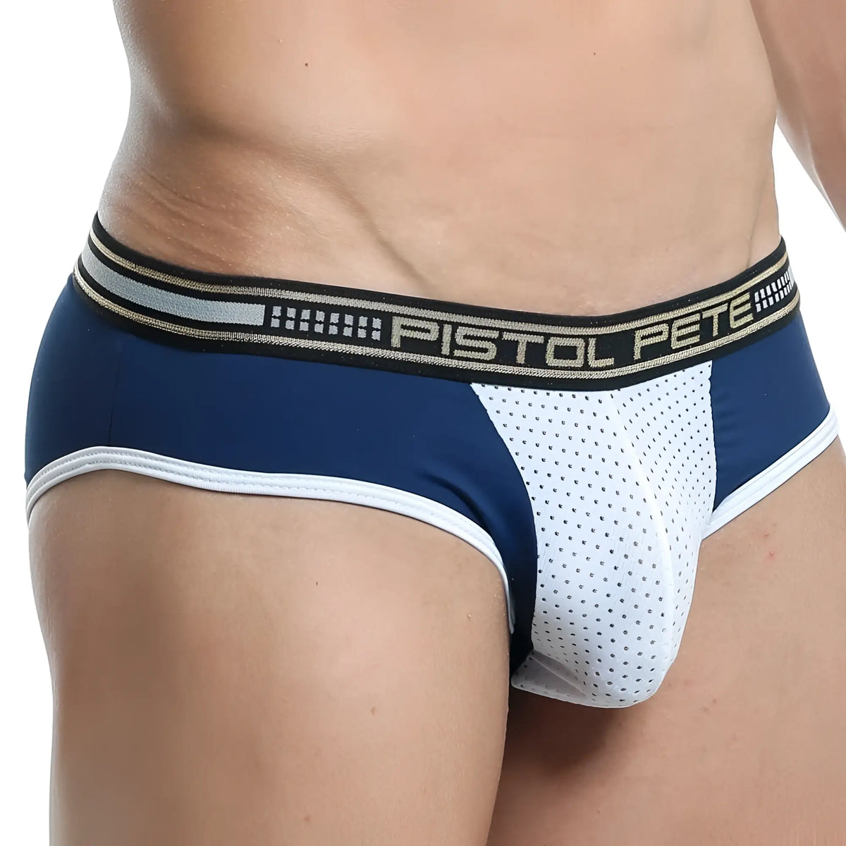Navy blue and white pistol pete ppj012 brief with perforated mesh panel and branded waistband for athletic use