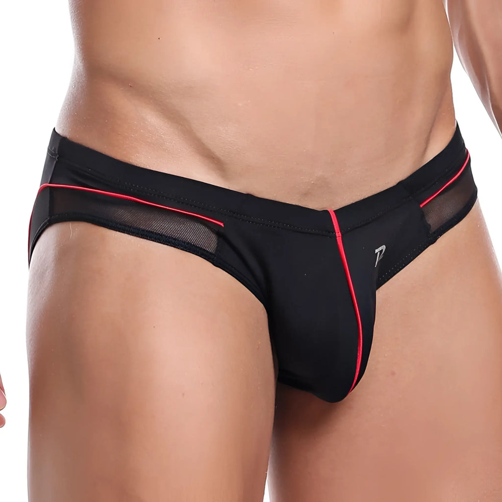 Black athletic bikini brief pistol pete ppj014 with red trim and mesh panels featuring a sleek design