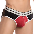 Black and red menâ€™s briefs with white trim featuring pistol pete logo on waistband pistol pete ppj024 brief