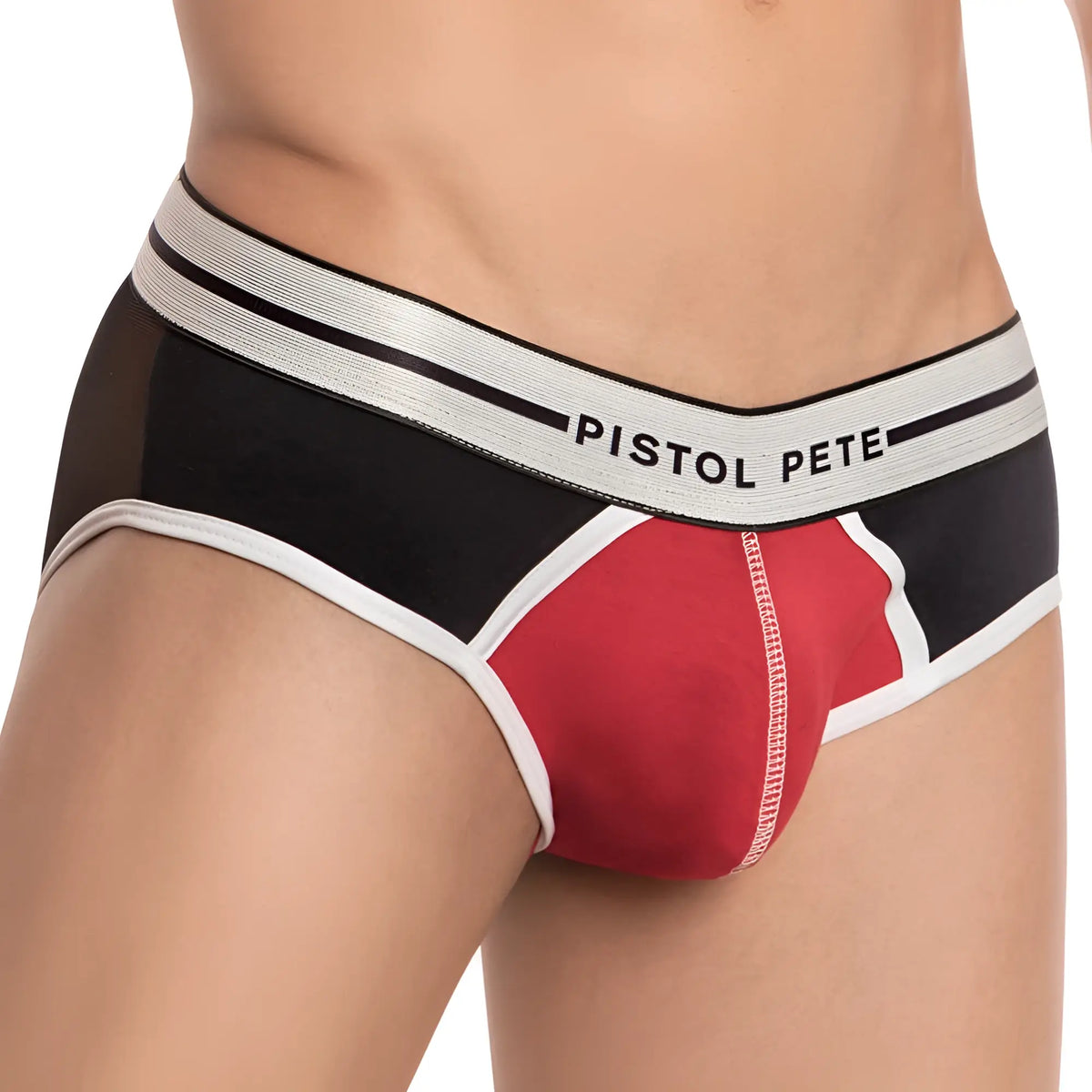 Black and red menâ€™s briefs with white trim featuring pistol pete logo on waistband pistol pete ppj024 brief