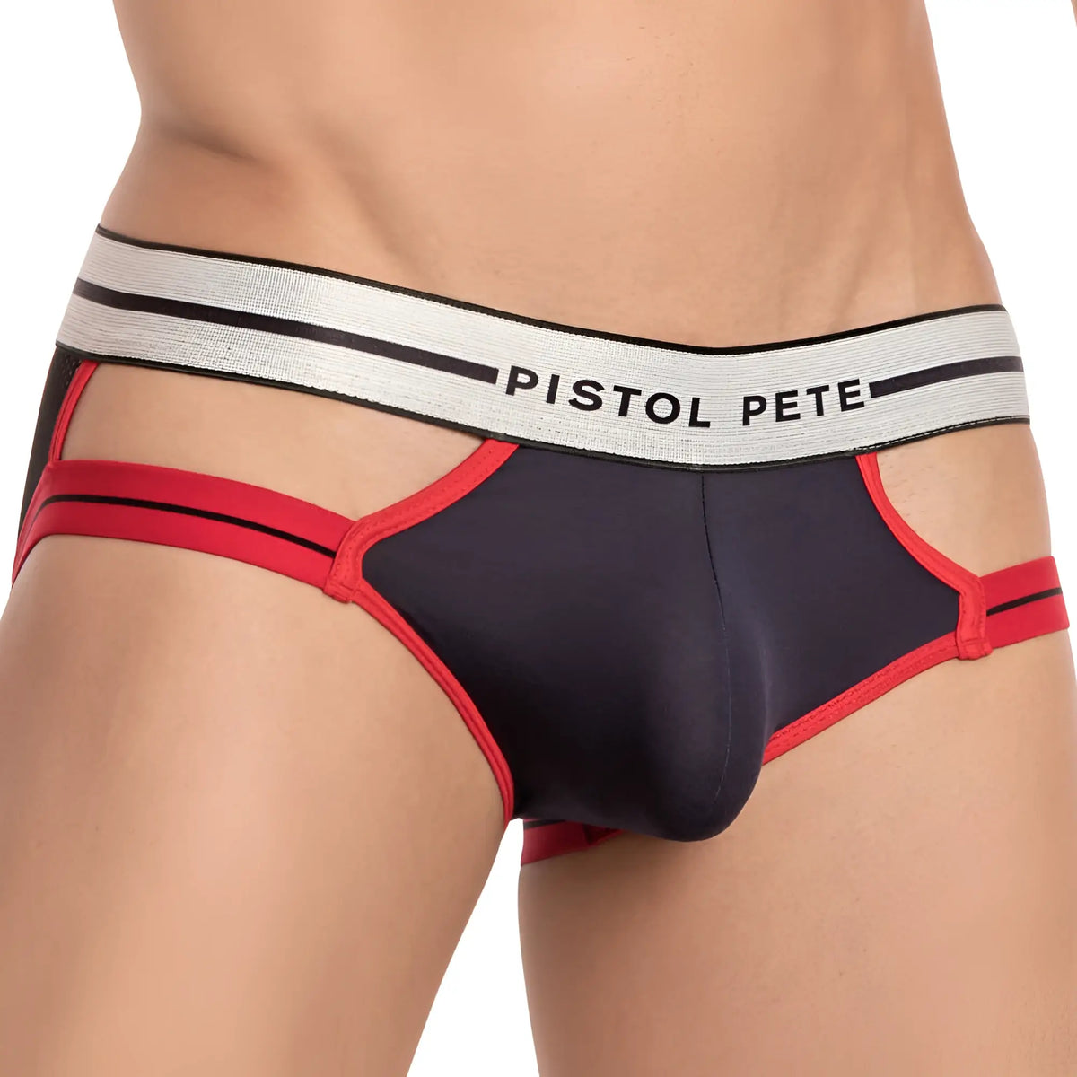 Black and red bikini brief with white pistol pete waistband featuring cut-out design in Pistol Pete PPJ025 style