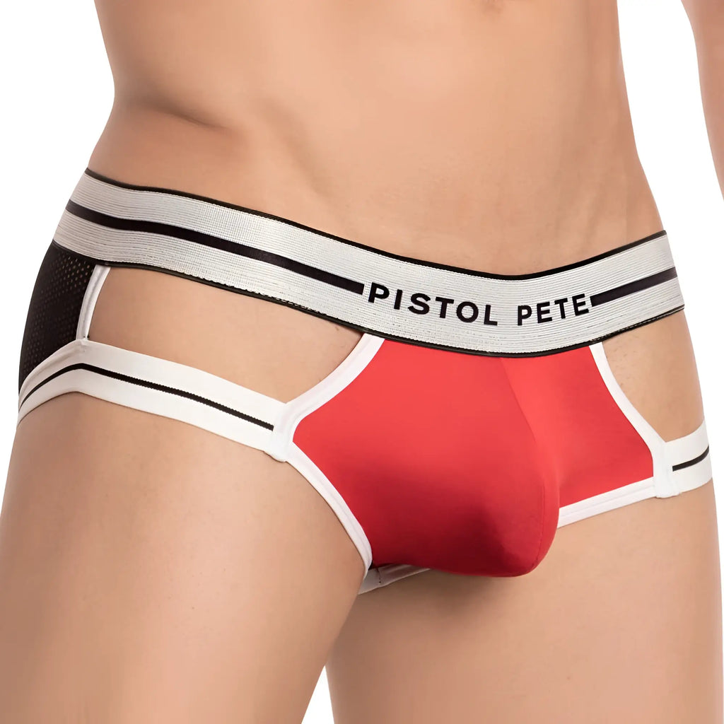 Pistol pete ppj025 bikini brief in red and white stripes with black mesh sides and gray branded waistband