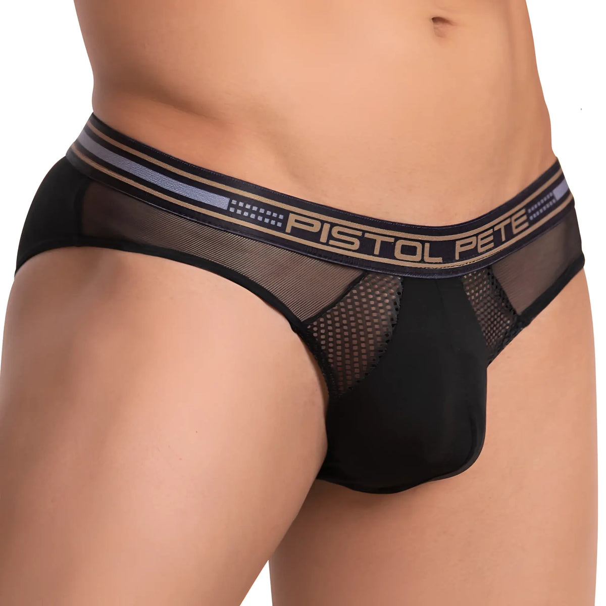 Black mesh Pistol Pete PPJ028 boxer briefs with navy blue and beige striped waistband featuring logo