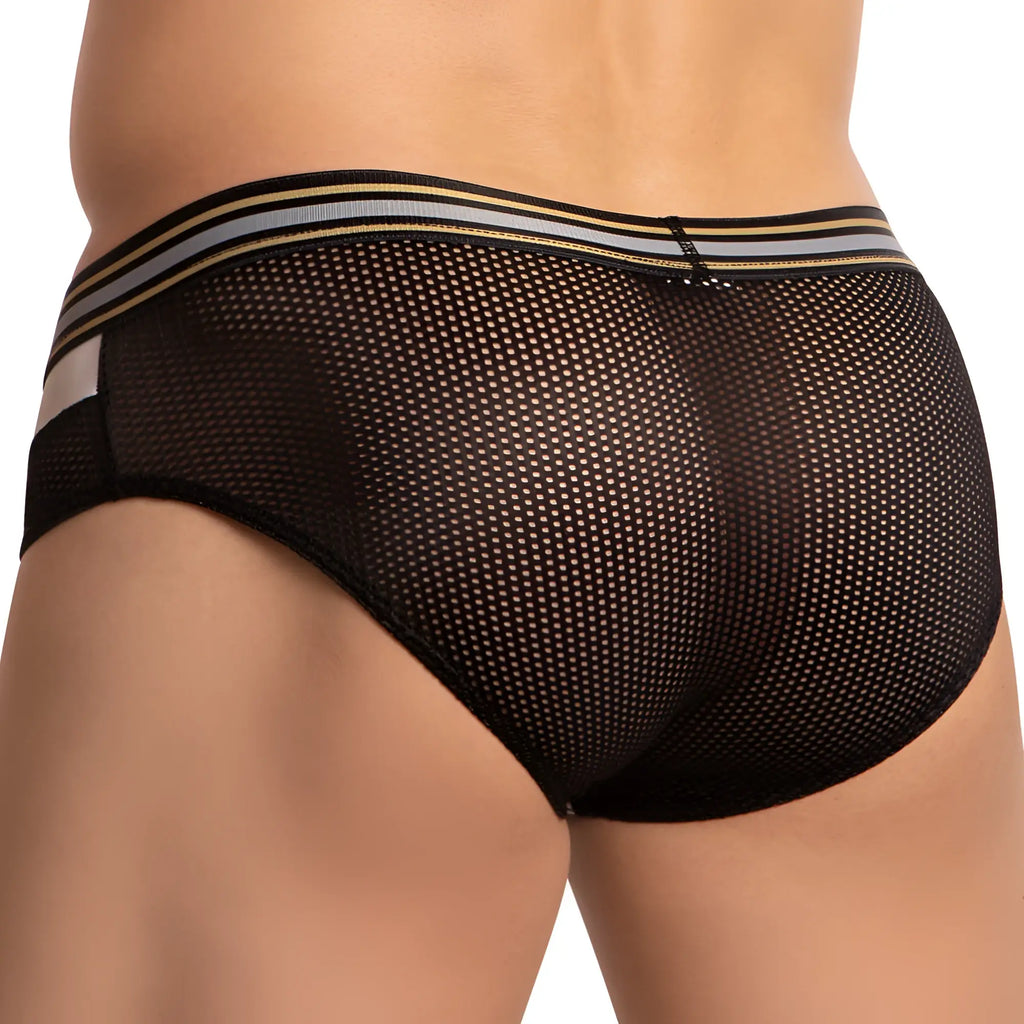Black mesh briefs pistol pete ppj034 with a striped waistband featuring gold and gray accents