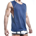 Pistol Pete PPM001 blue mesh sleeveless athletic tank top with white stitching and side cutout for activewear