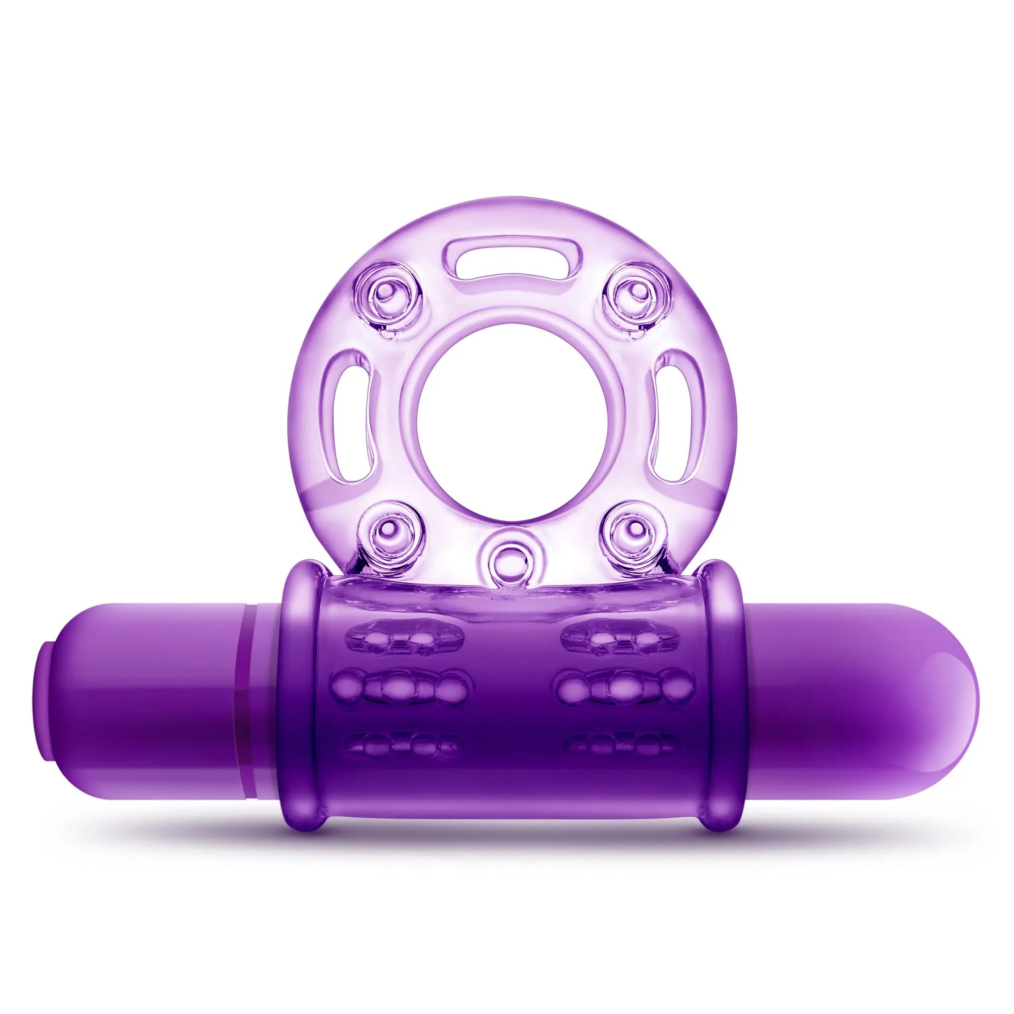 Purple silicone vibrating cock ring with textured grip and circular head featuring multiple small protrusions for couples play