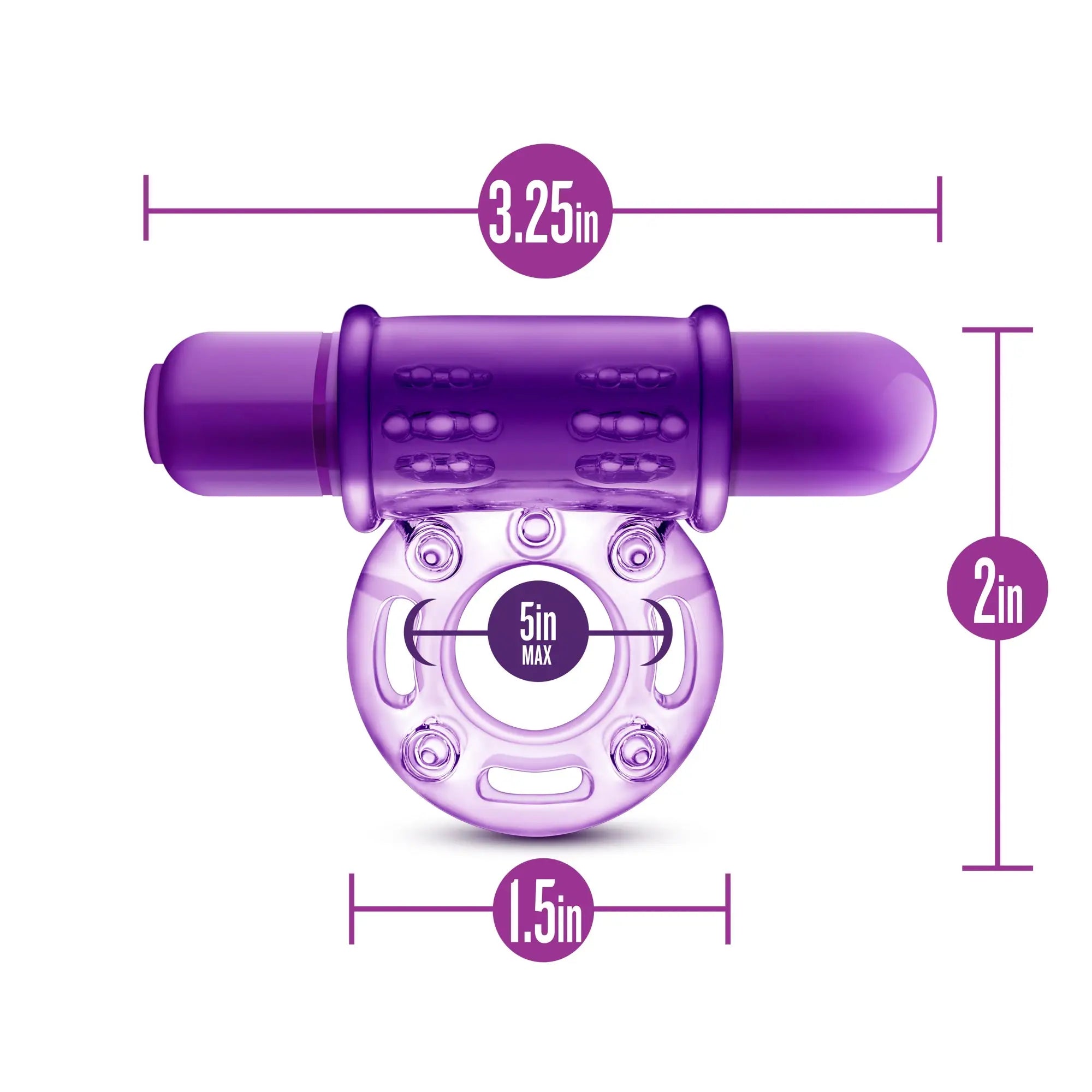 Purple silicone vibrating cock ring with textured grip and adjustable sizing from Play With Me couples play collection