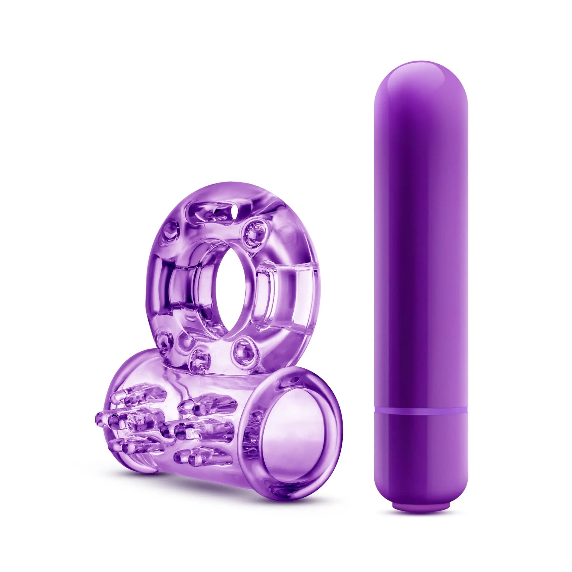 Purple silicone vibrating cock ring and wand set from Play With Me for couples play and intimate stimulation