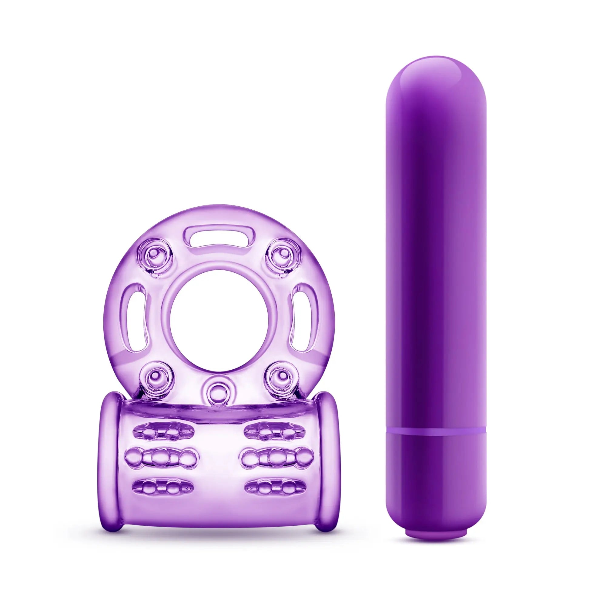 Purple silicone vibrating cock ring and wand set from play with me couples play for intimate use