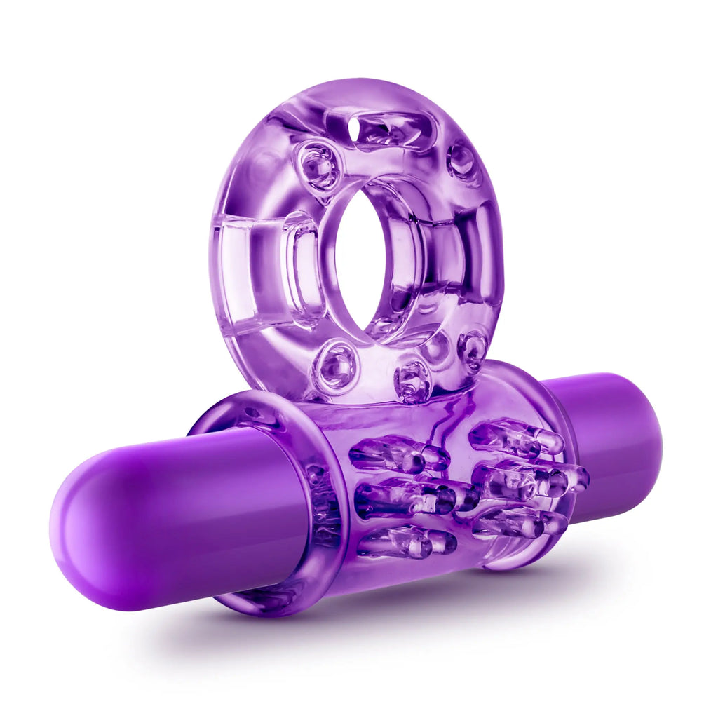 Purple translucent silicone vibrating cock ring with textured grip from play with me couples play collection