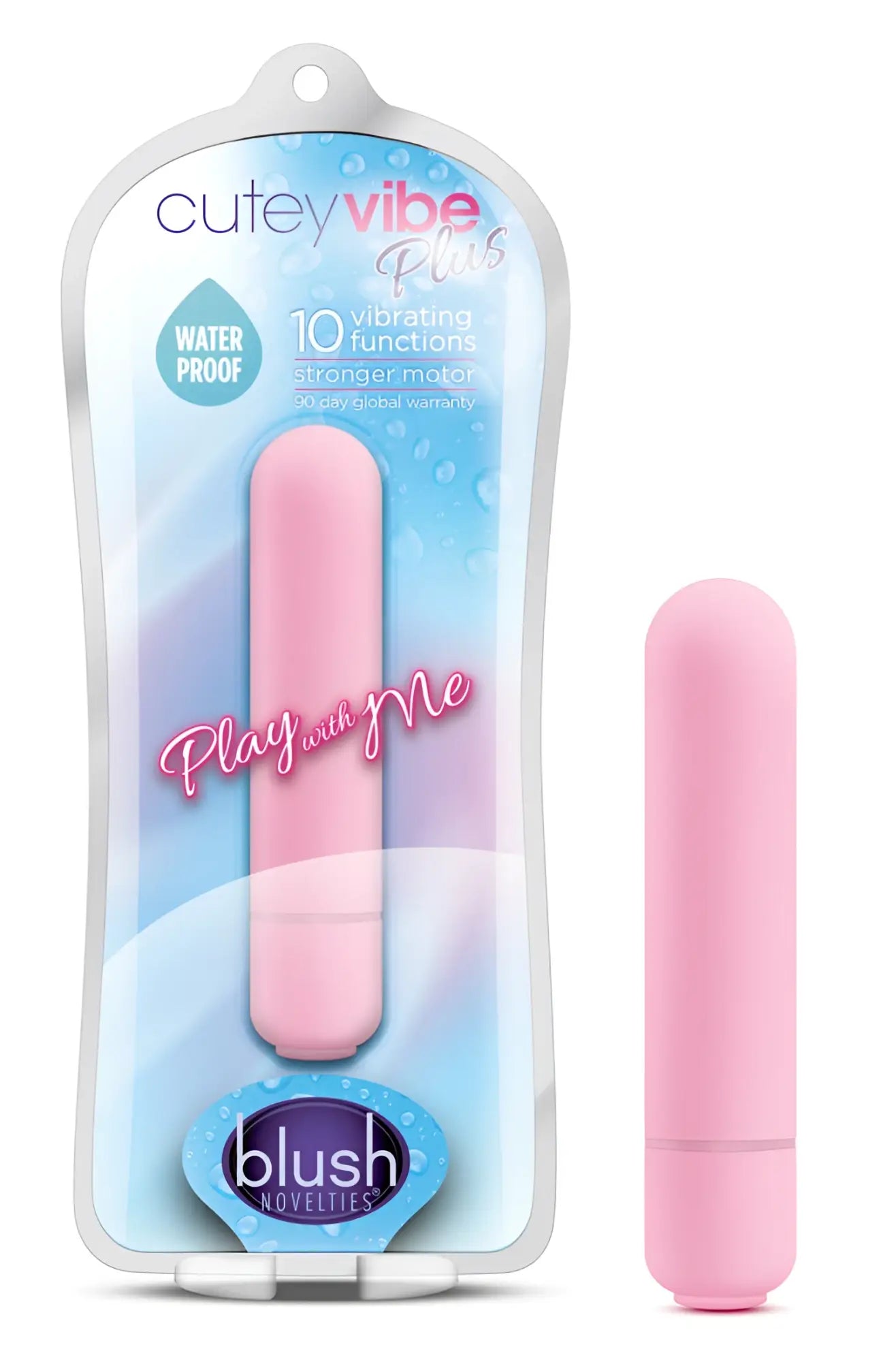 Pink cylindrical vibrator in clear plastic packaging with cutey vibe plus branding and blush novelties logo