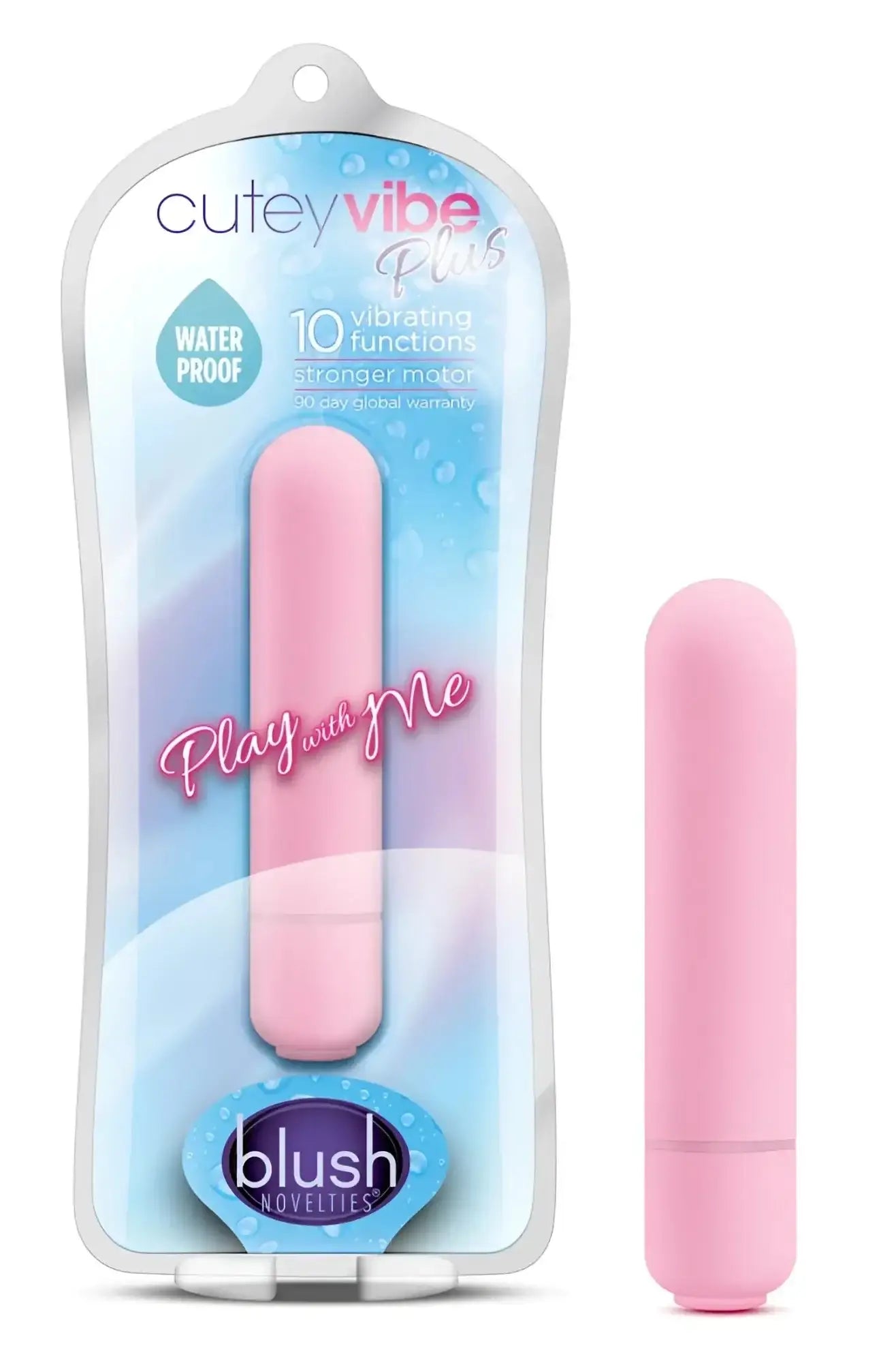 Pink cylindrical vibrator in clear plastic packaging with cutey vibe plus branding and blush novelties logo