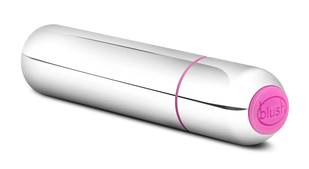 Silver cylindrical vibrator Play with Me Cutey Vibe Plus with pink circular cap branded blush logo