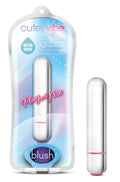 Silver and pink cylindrical vibrator with sleek metallic finish branded cutey vibe plus by blush novelties