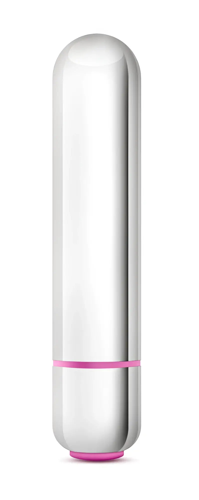 A sleek silver Play With Me Cutey Vibe Plus vibrator with smooth metallic finish and pink accent bands