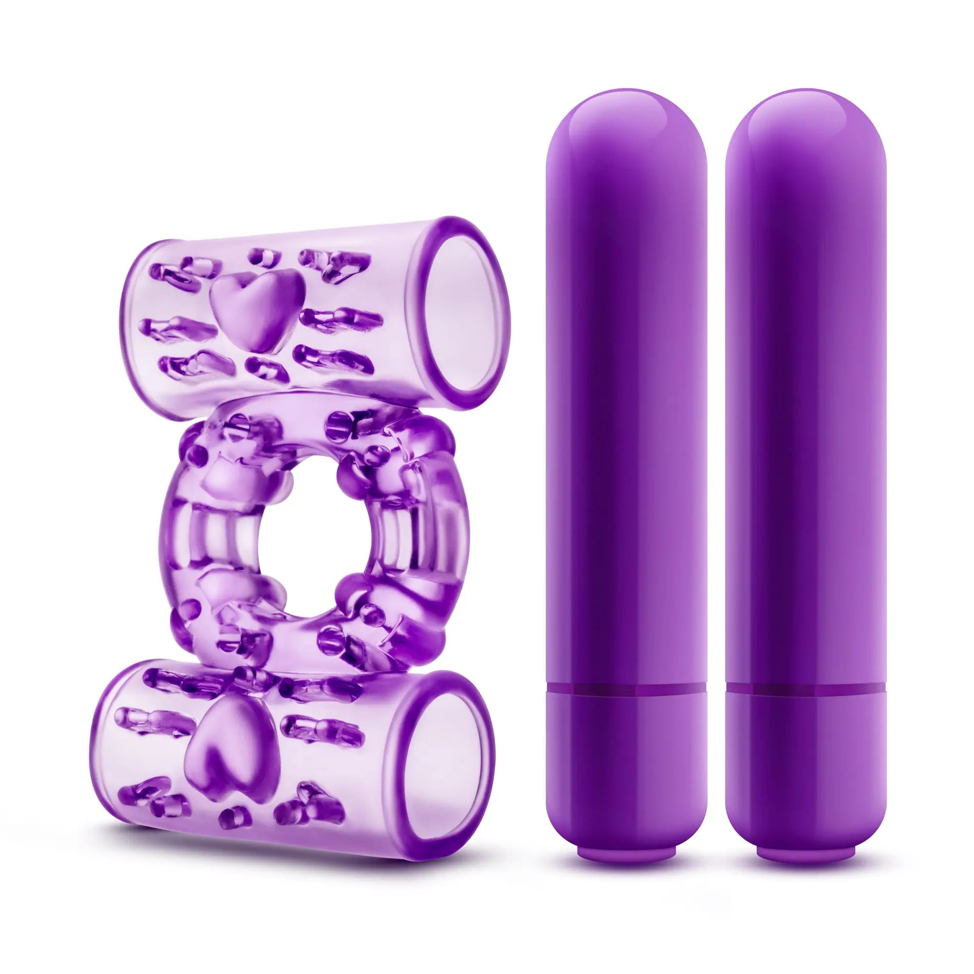 Purple silicone play with me double play dual vibrating cock ring set featuring textured transparent ring and two vibrators