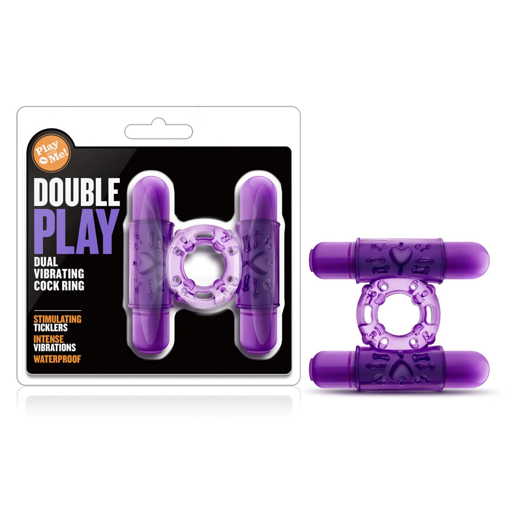 Purple translucent double vibrating cock ring with heart and bone designs from play with me double play line