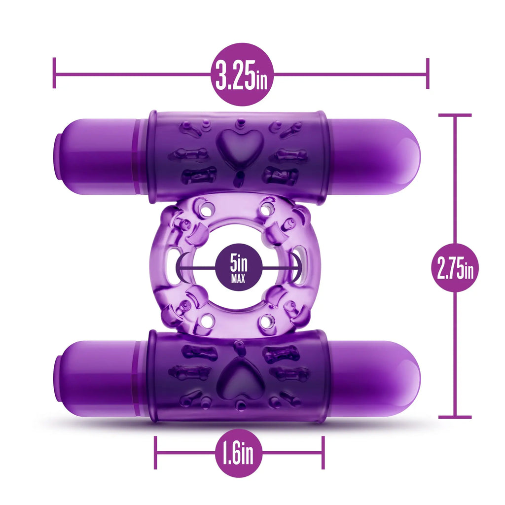 Purple translucent silicone vibrating cock ring with heart and bone embossed designs for dual stimulation