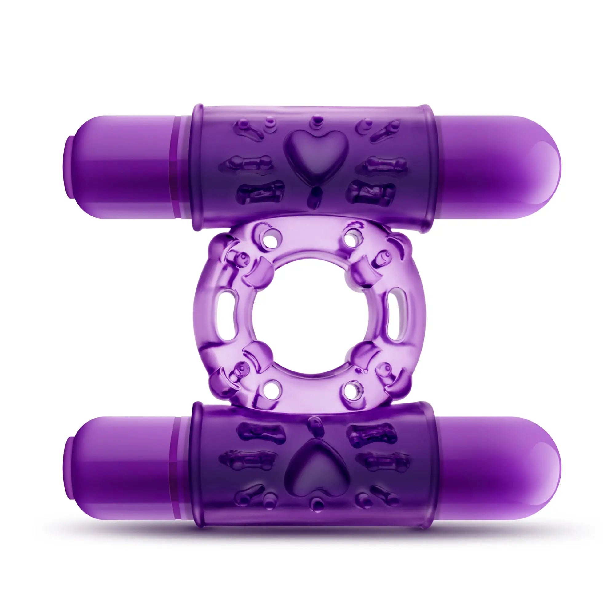 Purple translucent silicone double vibrating cock ring with embossed heart and bone designs from play with me