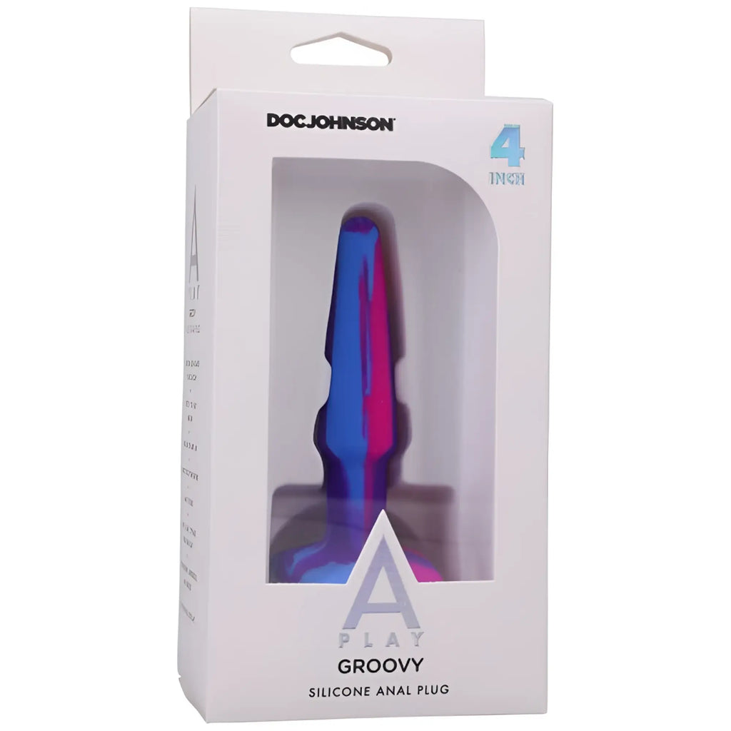 A-play groovy silicone anal plug 4in berry with vibrant blue and pink textured tapered design from doc johnson