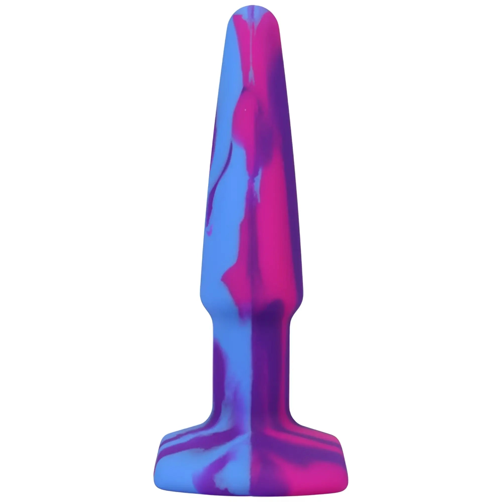 A-play groovy silicone anal plug 4in berry with a smooth tapered design in blue and pink marbled silicone