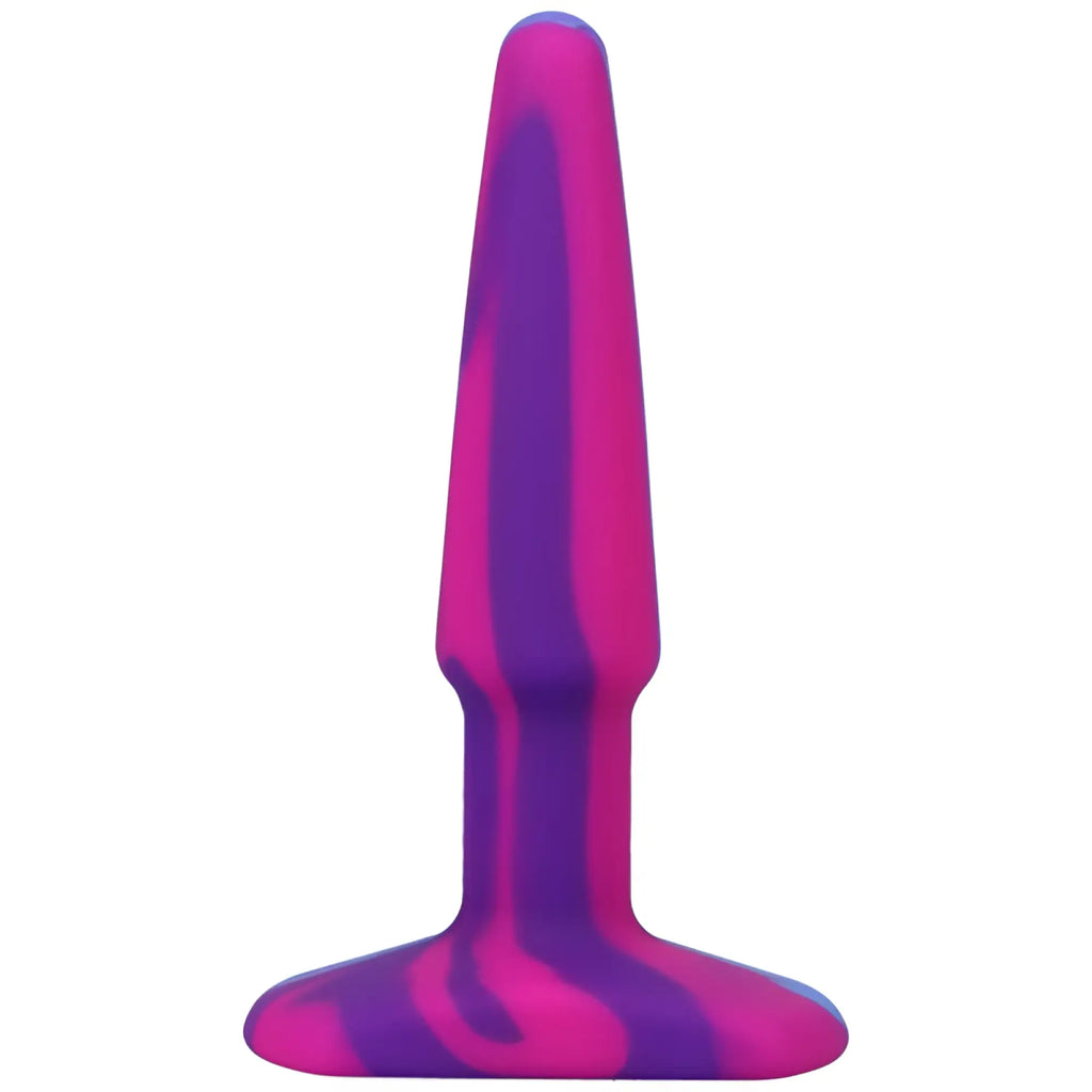 Vibrant pink and purple marbled silicone butt plug with flared base a-play groovy silicone anal plug 4in berry