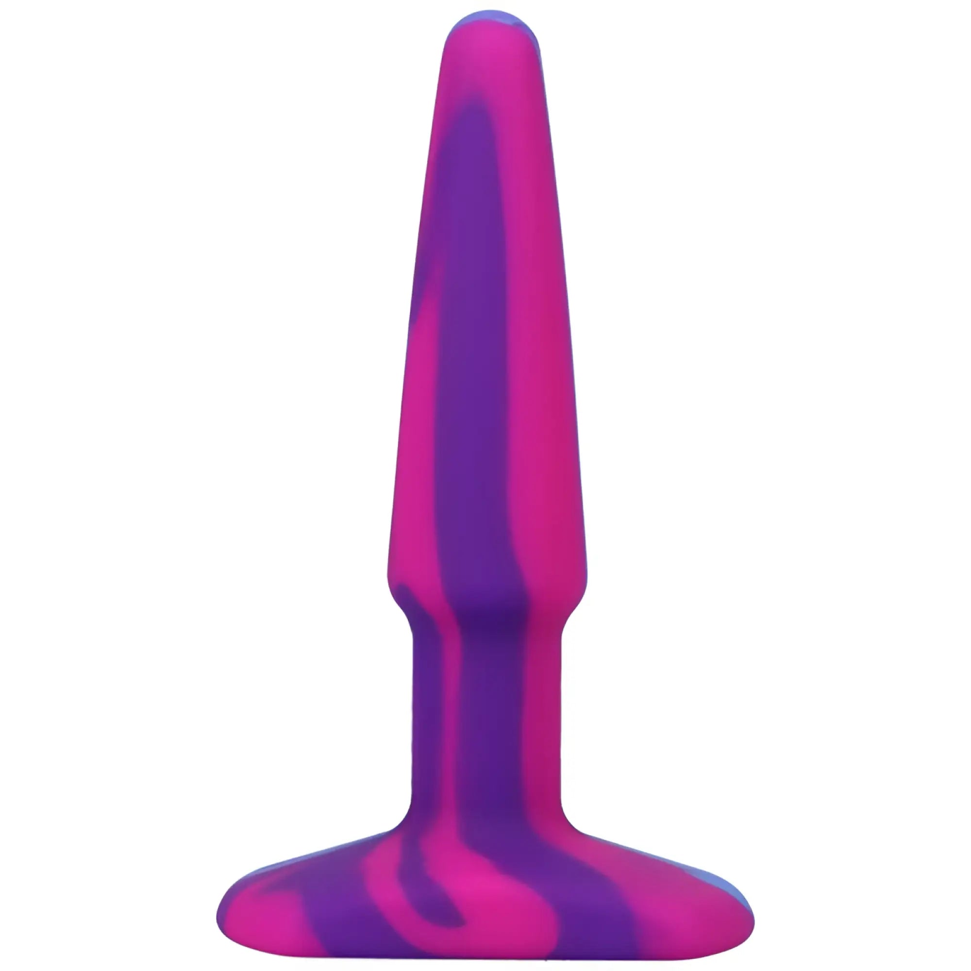 Vibrant pink and purple marbled silicone butt plug with flared base a-play groovy silicone anal plug 4in berry