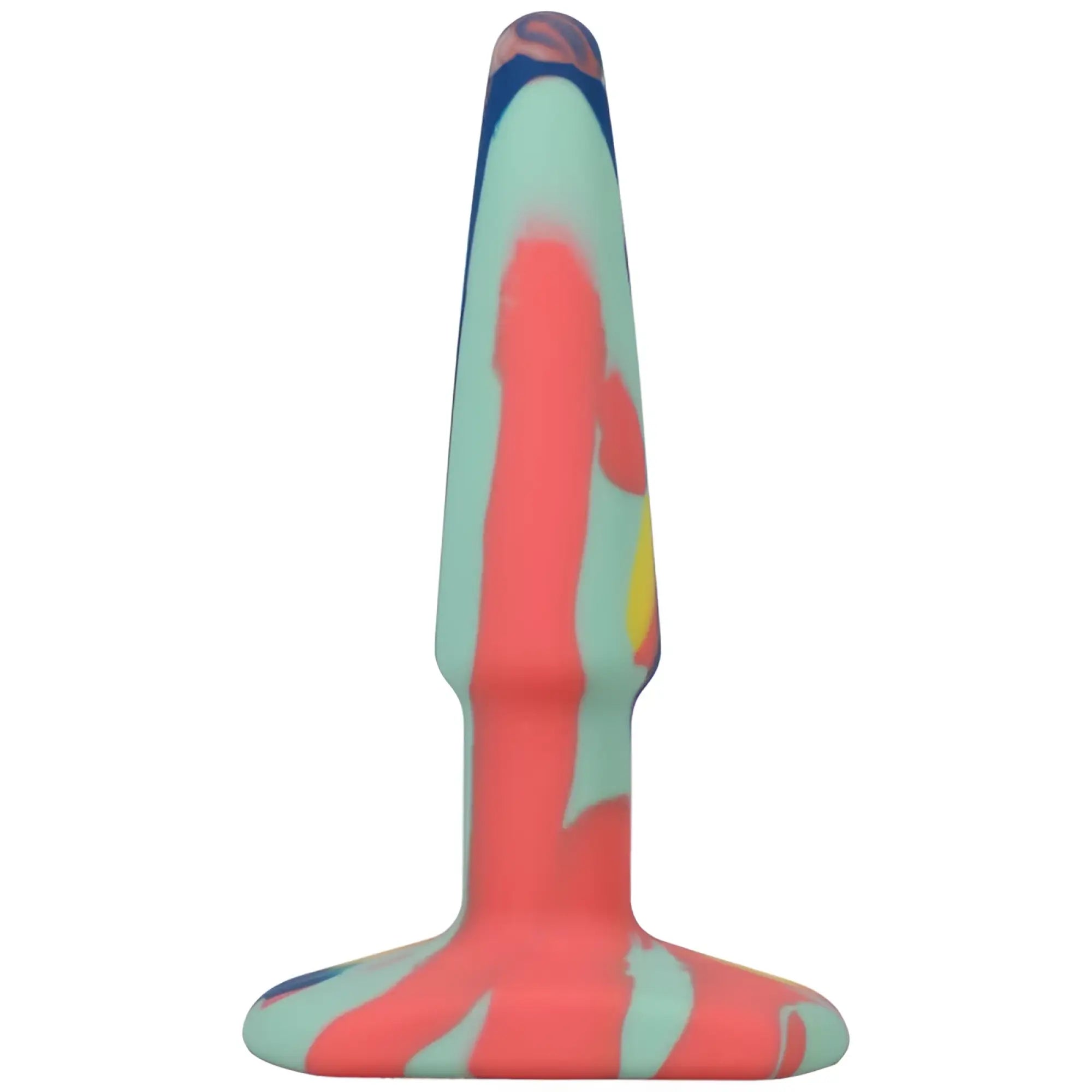 A vibrant multicolored a-play groovy silicone anal plug 4in sunrise with smooth tapered design and coral pink mint green blue yellow swirl patterns
