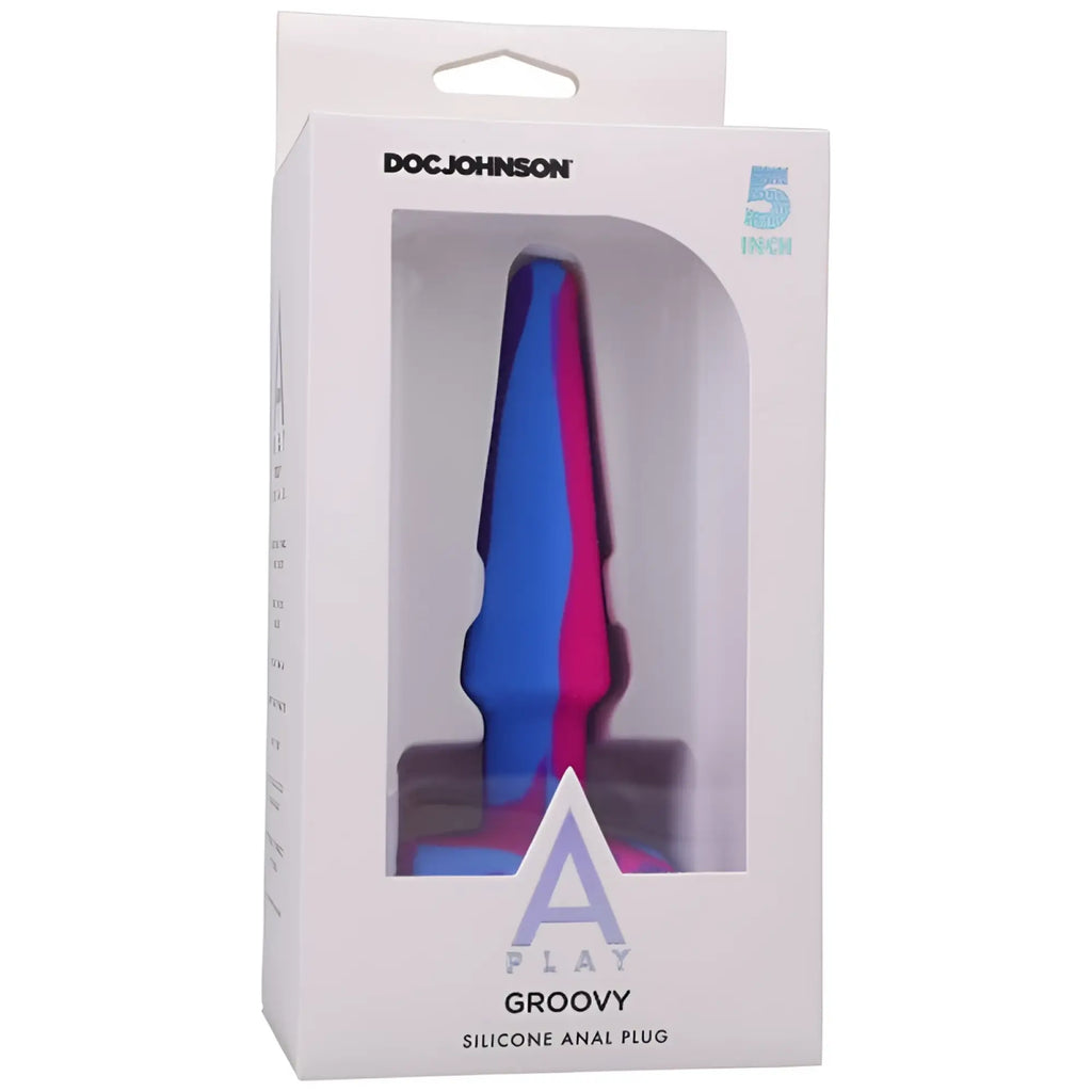 A vibrant blue and pink silicone anal plug with tapered design by doc johnson a-play groovy 5 inch berry