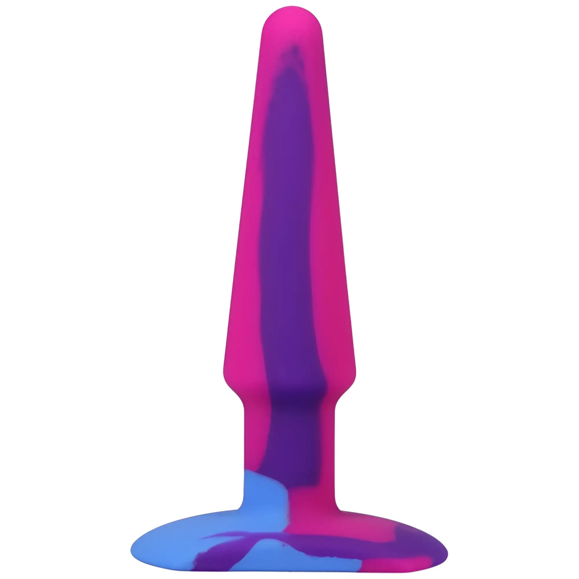 A vibrant pink purple and blue tapered silicone anal plug from a-play groovy 5in berry edition